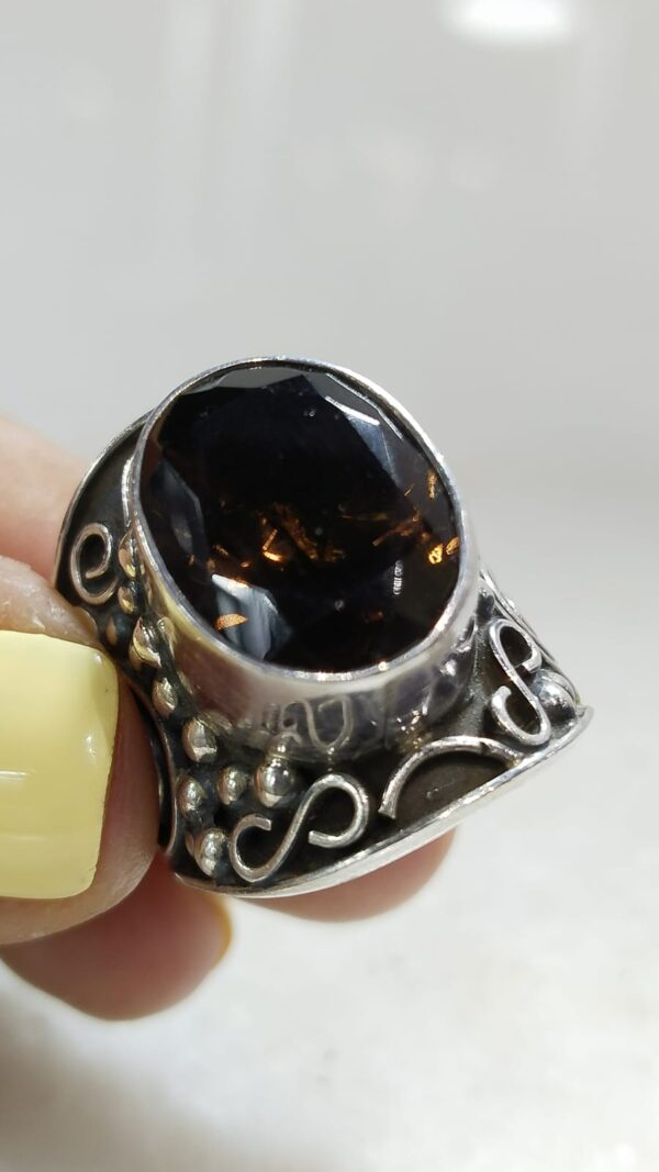 Anillo Plata .925 de Cuarzo Ahumado Ajustable con Diseño - Image 3