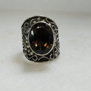 Anillo Plata .925 de Cuarzo Ahumado Ajustable con Diseño