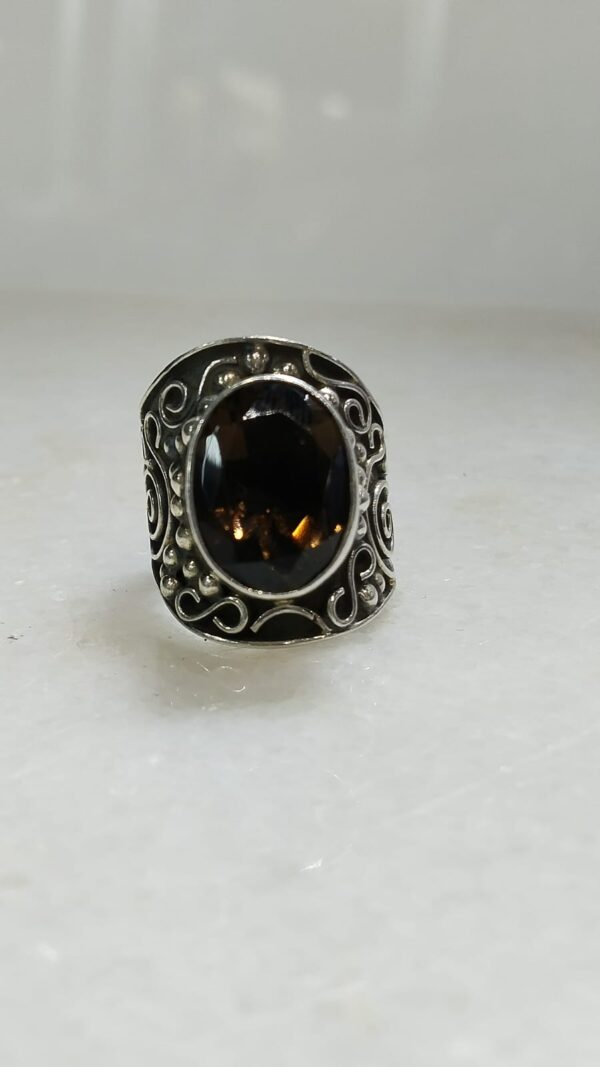 Anillo Plata .925 de Cuarzo Ahumado Ajustable con Diseño