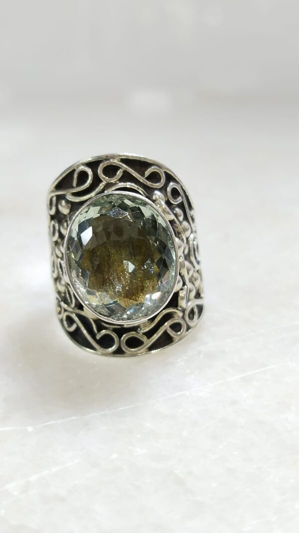 Anillo Plata .925 de Prasiolita Ajustable con Diseño